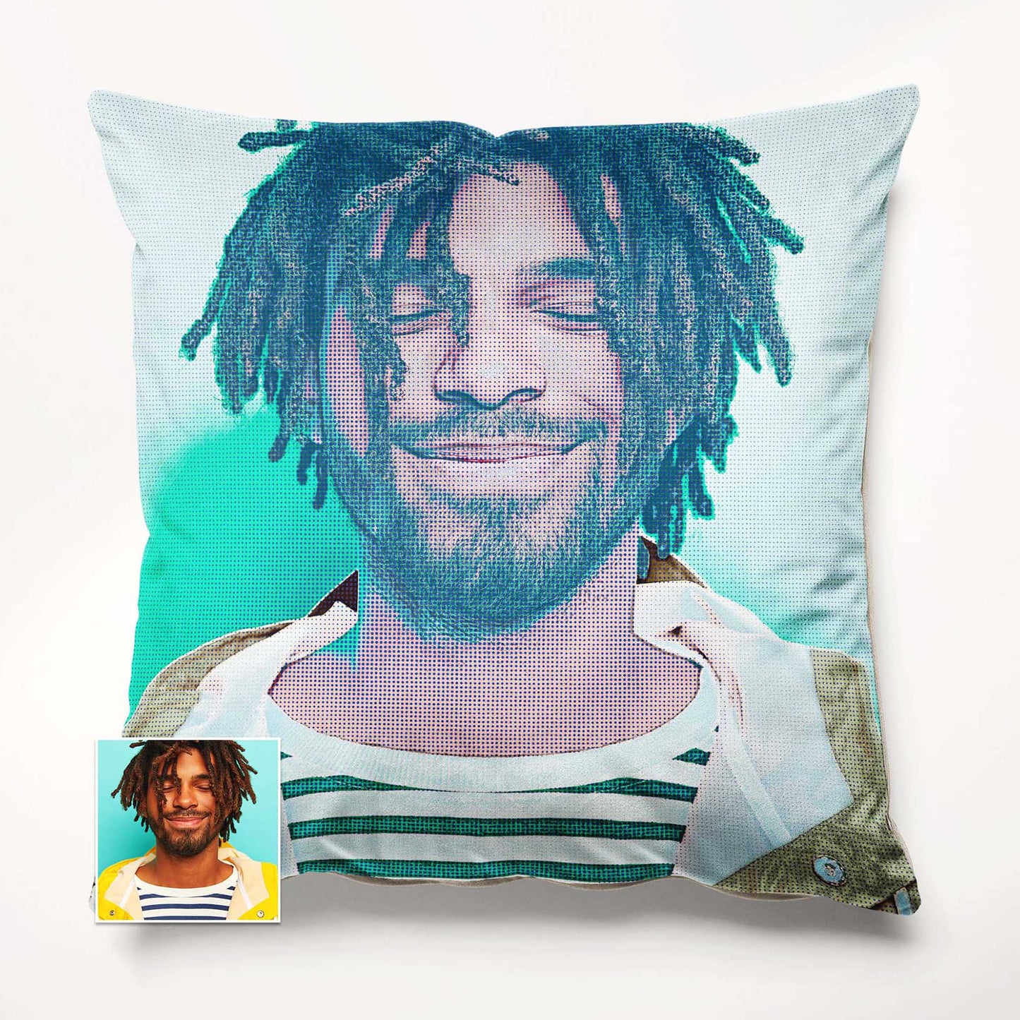 Embrace the nostalgia of old school aesthetics with the Personalised Teal Grunge Cushion. Custom printed from your photo, it features a unique halftone effect and grunge texture that adds character to your home decor, handmade