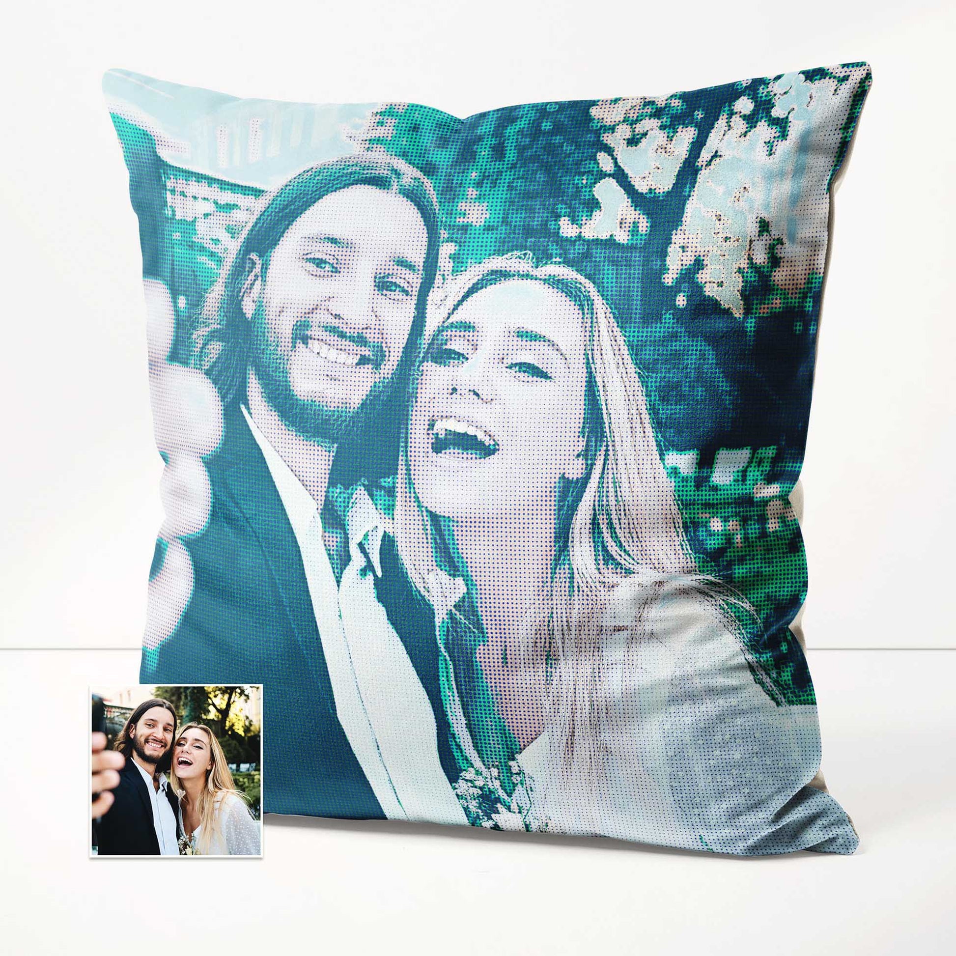 Add a touch of vintage charm to your home with the Personalised Teal Grunge Cushion. This cushion is custom printed from your photo, featuring a halftone effect and grunge texture for an old school vibe, handmade
