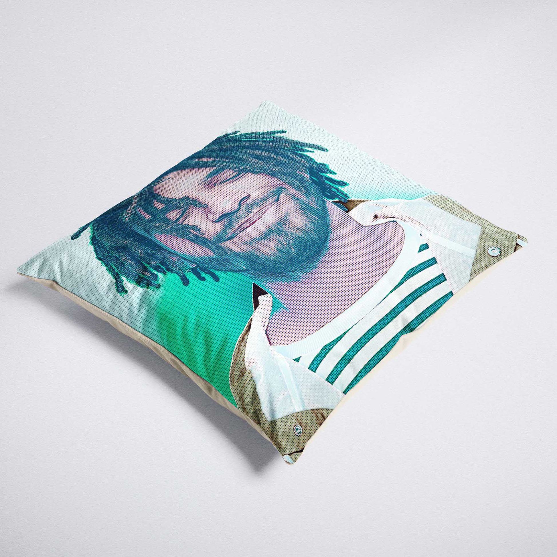 The Personalised Teal Grunge Cushion combines the best of both worlds - vintage appeal and personalization. It features a custom print from your photo, incorporating a halftone effect and grunge texture for an old school aesthetic