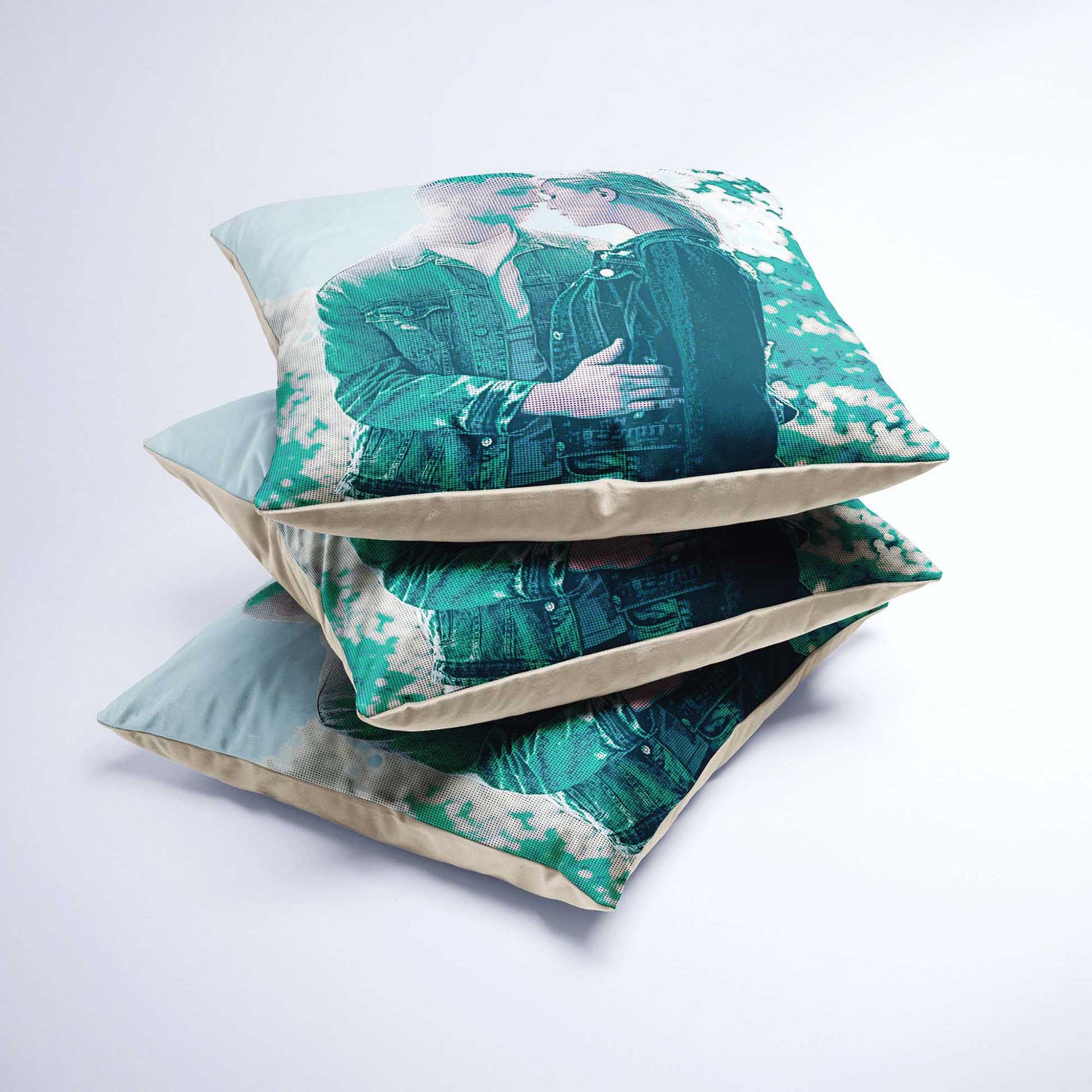 Experience the perfect blend of comfort and style with the Personalised Teal Grunge Cushion. Custom printed from your photo, it showcases a unique halftone effect and grunge texture for an old school vibe, handmade