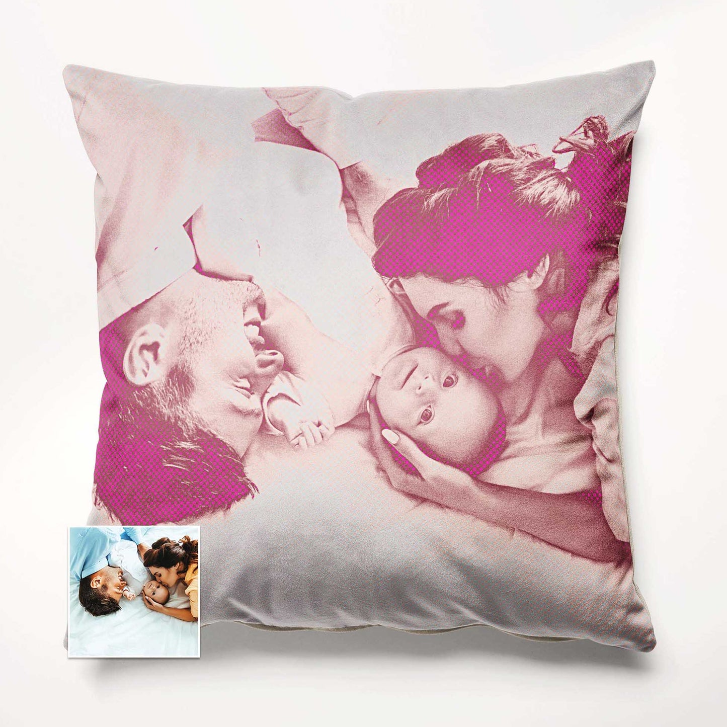 Elevate your home decor with the Personalised Pink Pop Art Cushion, a striking blend of contemporary design and timeless elegance. This handcrafted cushion features a unique halftone texture and showcases a digital artwork