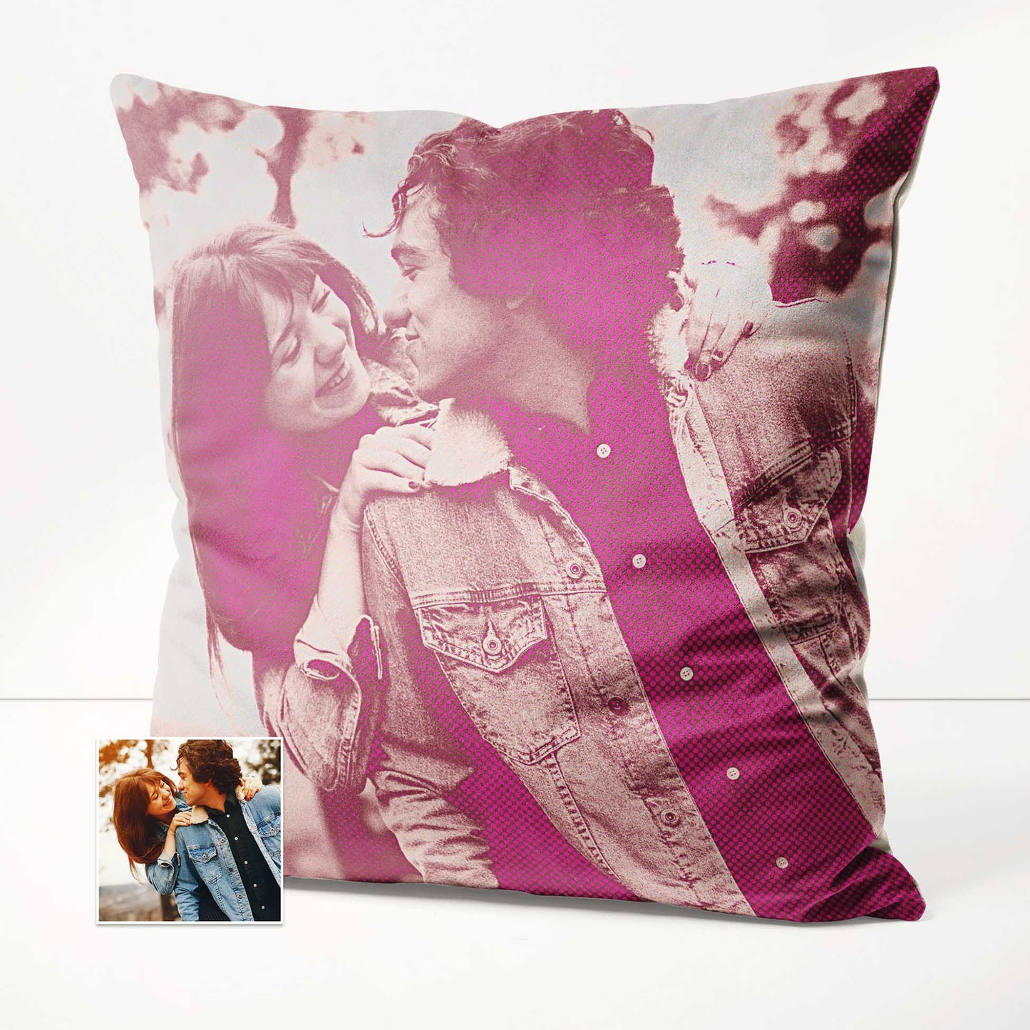 The Personalised Pink Pop Art Cushion is a vibrant and eye-catching addition to any home decor. With its halftone texture and unique design, this cushion transforms your favorite photo into a creative and original piece of art