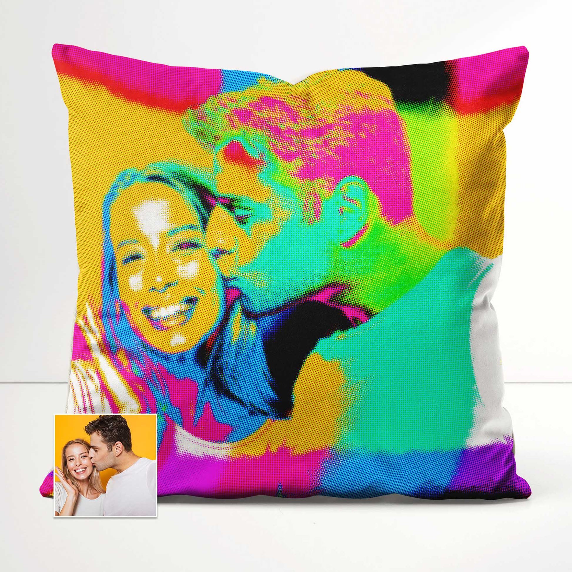 Add a touch of originality and creativity to your home decor with the Personalised Pop Art Cushion. Printed from your photo, it captures a unique and quirky design that sparks imagination. Handmade with soft velvet