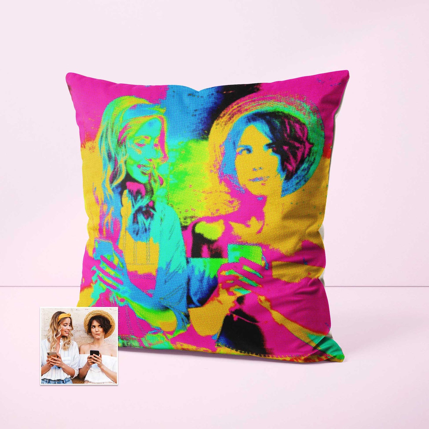 Elevate your home decor with the Personalised Pop Art Cushion, a unique and original piece that showcases your creativity. Printed from your photo, it brings a quirky and imaginative touch to any interior design. Handmade with soft velvet