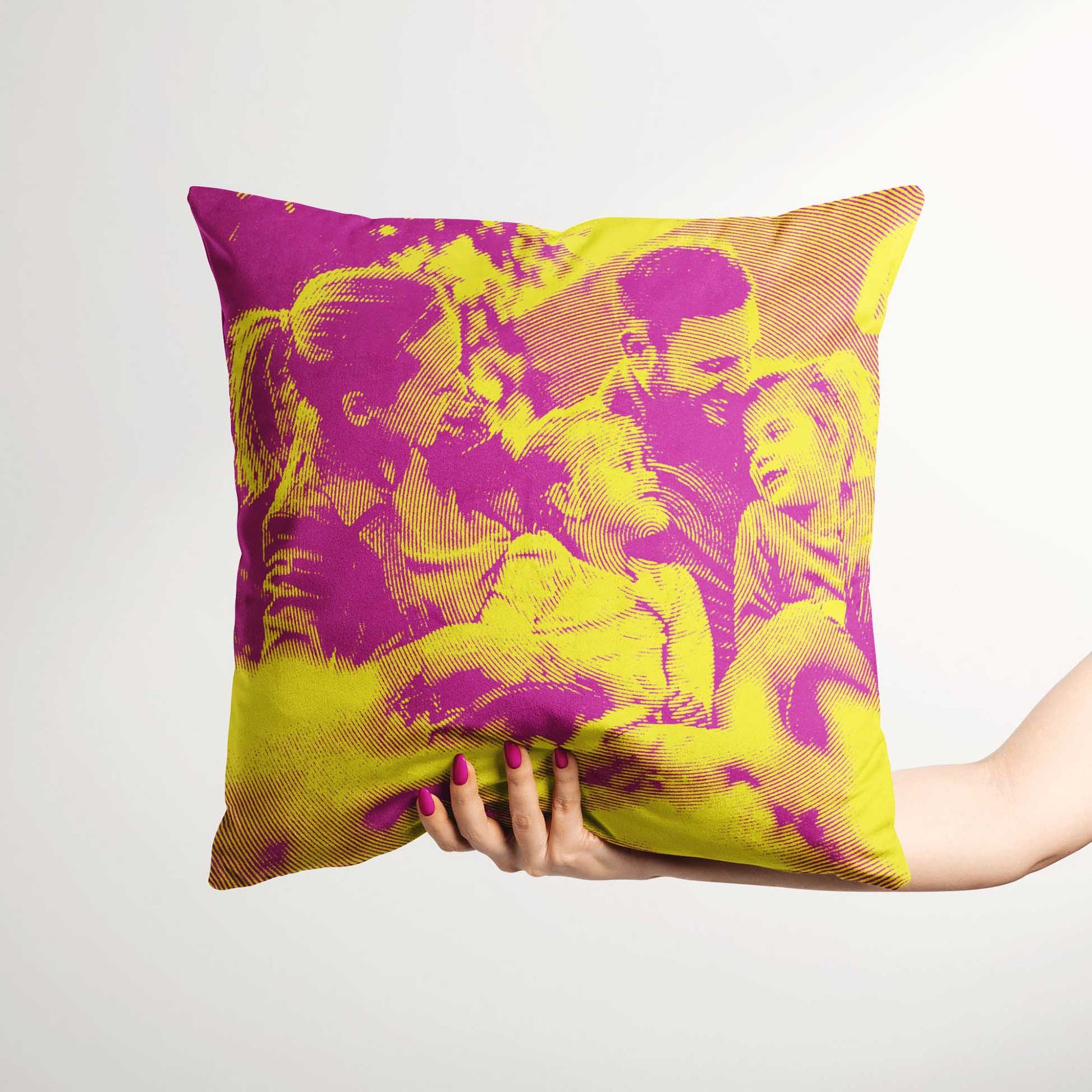 Brighten up your space with a Personalised Yellow & Pink Texture Cushion. Its soft velvet fabric and cozy filling provide a comfortable and relaxing spot to unwind. Custom printed from your photo, this cushion adds unique touch