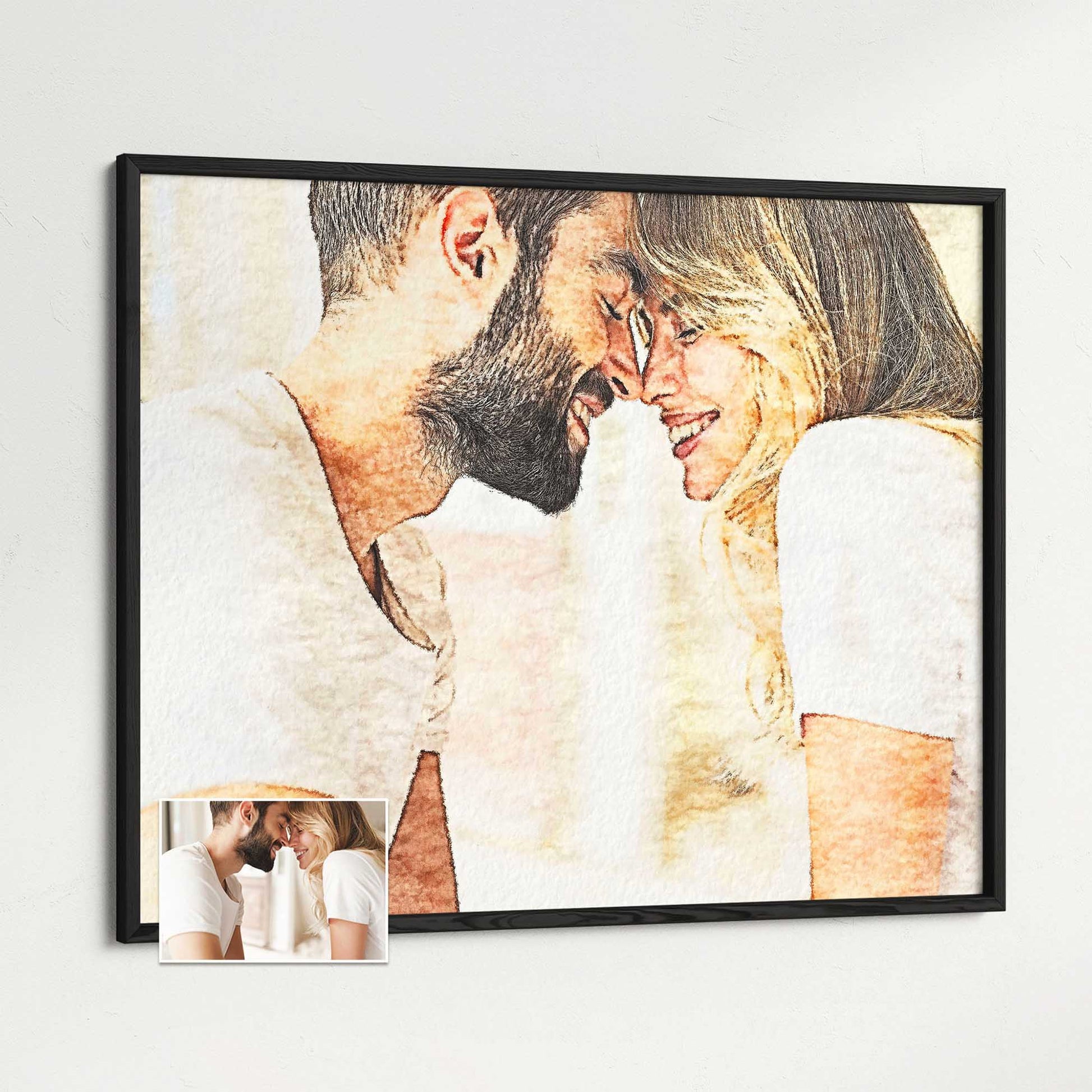 Capture precious memories with a Personalised Watercolor Painting Framed Print. Turn your cherished photo into a captivating piece of art that showcases your unique style. This versatile accessory adds a personalized touch to your home