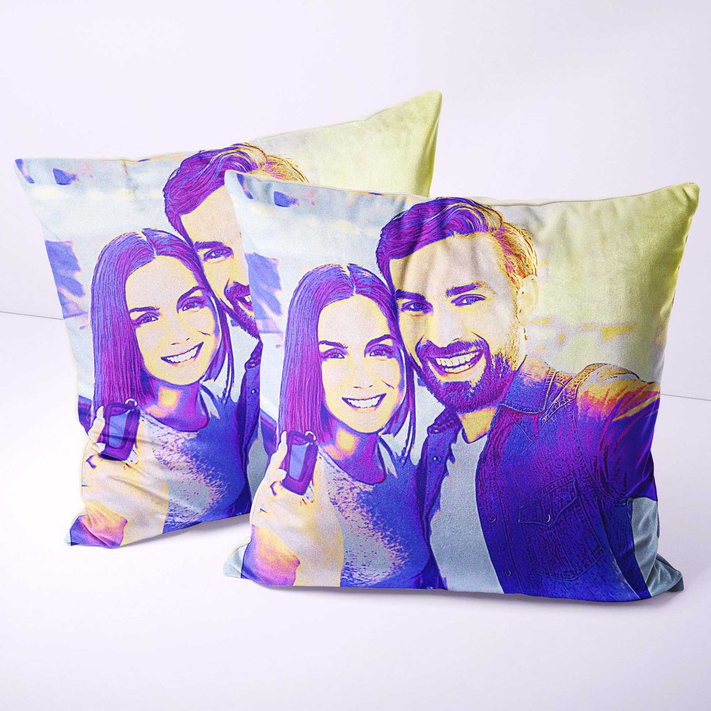 Experience ultimate comfort and style with our Personalised Blue and Purple Cushion. Crafted from soft velvet fabric, it offers a luxurious and cosy feel, perfect for lounging. This unique furnishing features original art
