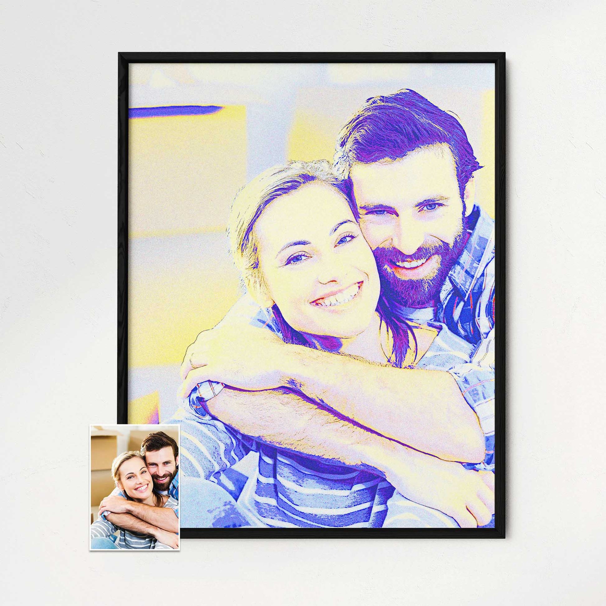 The Personalised Blue & Purple Framed Print is a stunning piece that radiates a vibrant and cool vibe. Its bold and vivid colors bring your photo to life, capturing the essence of your special moments, wooden frame and printed 