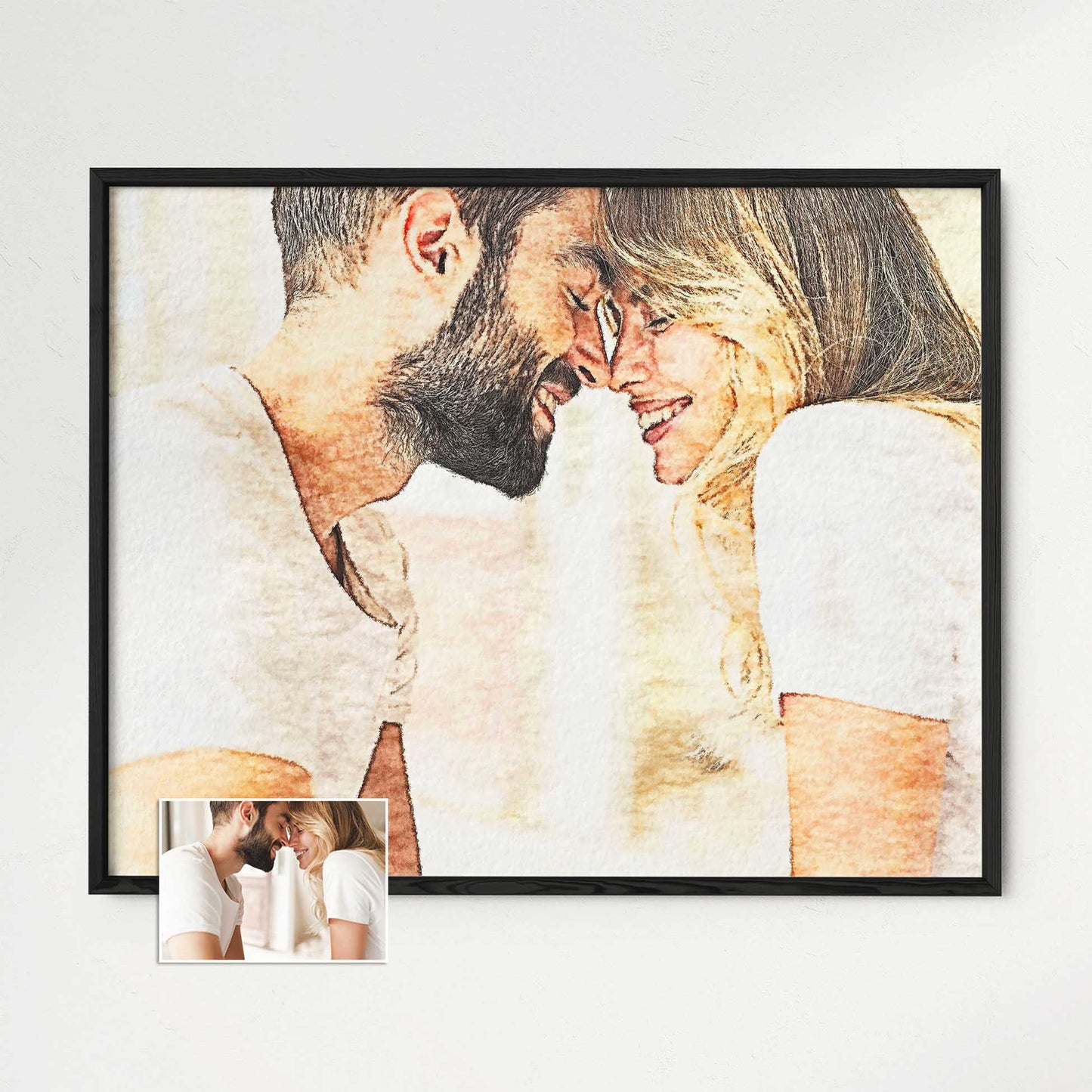 Immerse yourself in the beauty of a Personalised Watercolor Painting Framed Print. Its vibrant colors and meticulous details bring your photo to life, creating an enchanting visual experience. Display it proudly on your wall 