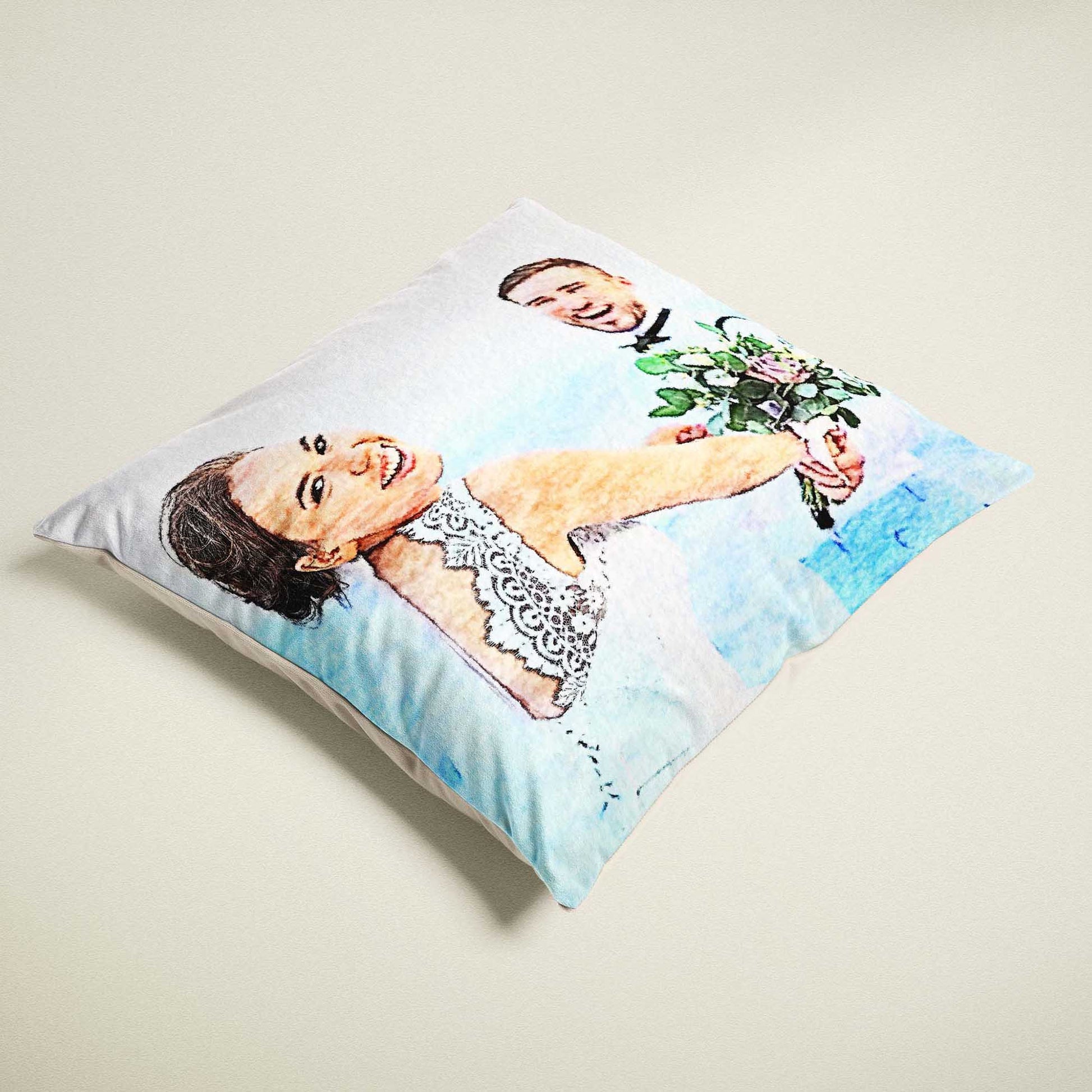Enhance your home decor with a personalized watercolor painting cushion. Crafted from soft velvet fabric, this luxurious and natural accessory brings an elegant touch to any room. With the option to print from your photo