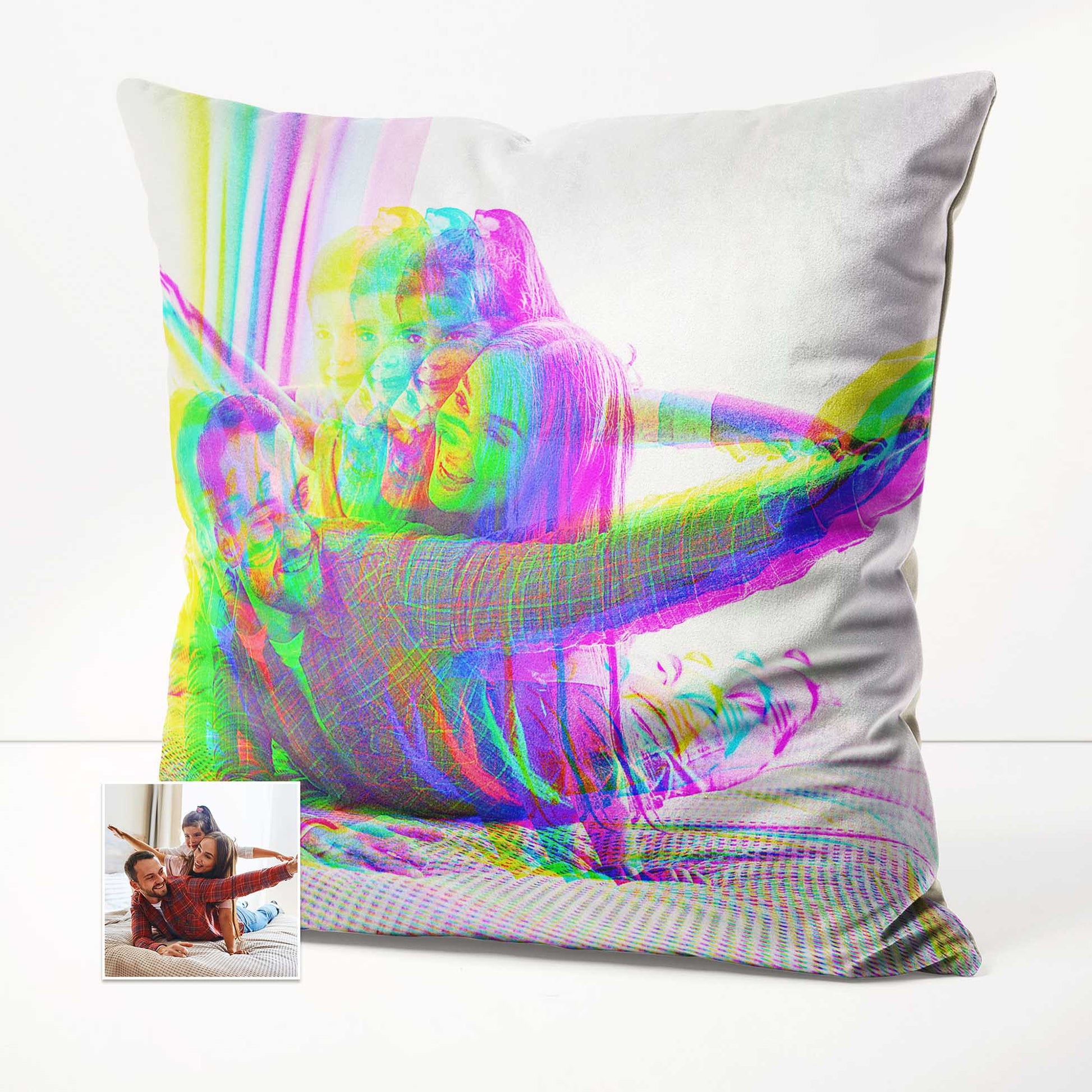 Unleash your creativity with the Personalised Anaglyph 3D Cushion. Crafted from soft velvet fabric, it invites you to sink into its cosy embrace. The print from your chosen photo transforms this cushion into an elegant and minimalist 