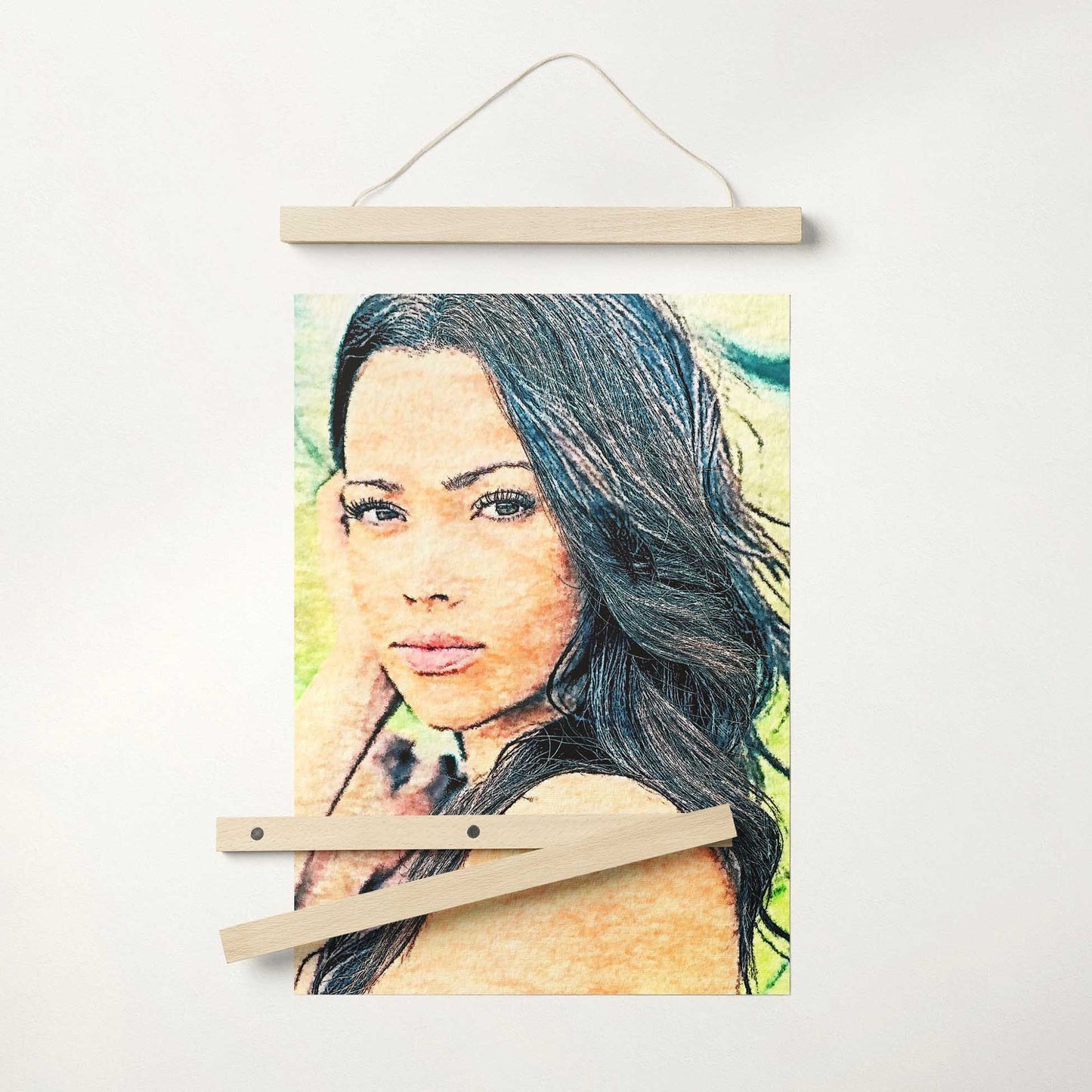 Immerse yourself in the world of art with our Personalised Watercolor Painting Poster Hanger. Crafted in a captivating watercolour style with a traditional effect, it brings vibrant and real artwork to life. Created from your photo