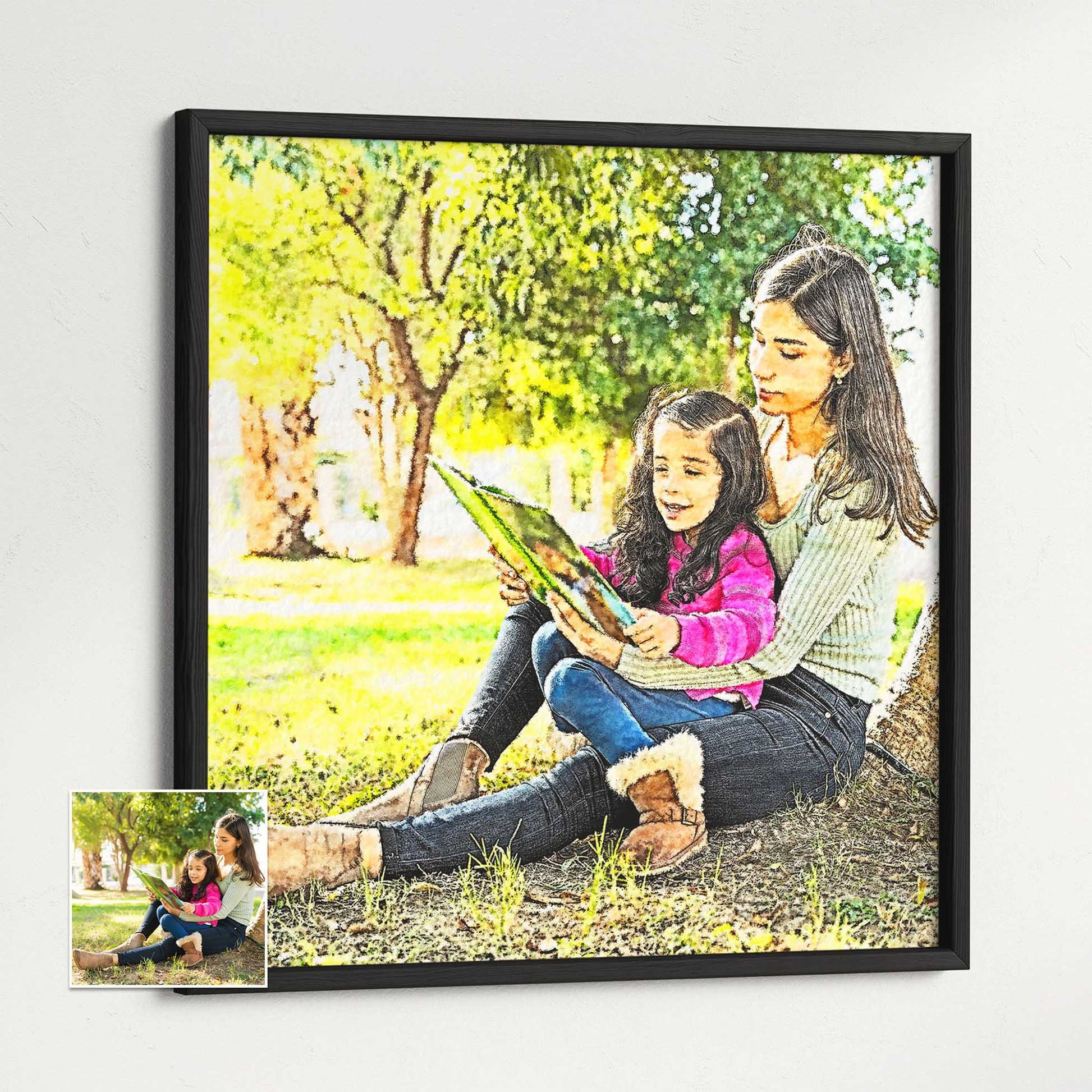 Elevate your art collection with a Personalised Watercolor Painting Framed Print. This exquisite masterpiece combines the elegance of watercolor painting with the sentimental value of your chosen photo. Its refined wooden frame