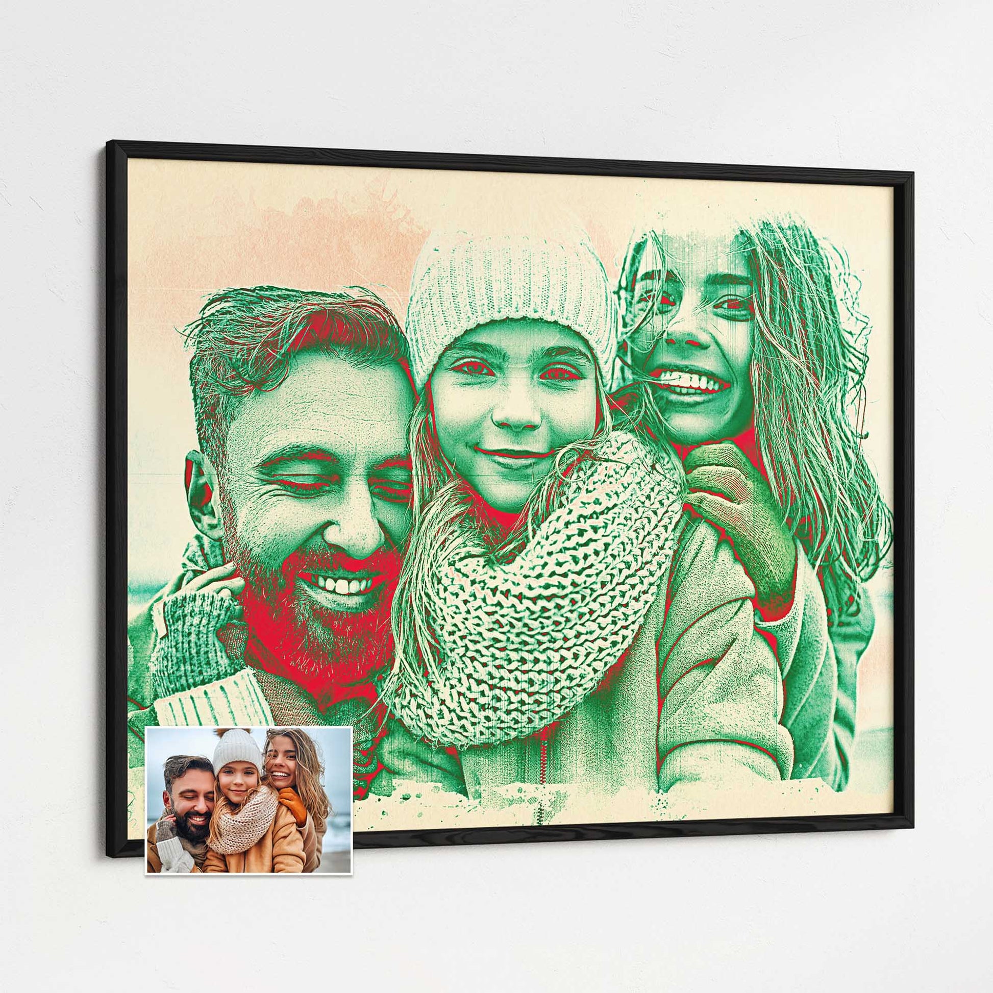 Personalised Red & Green Framed Print: Embrace the captivating beauty of watercolour style with this unique and imaginative framed print. Created from your photo, it transforms your memories into a stunning piece of art