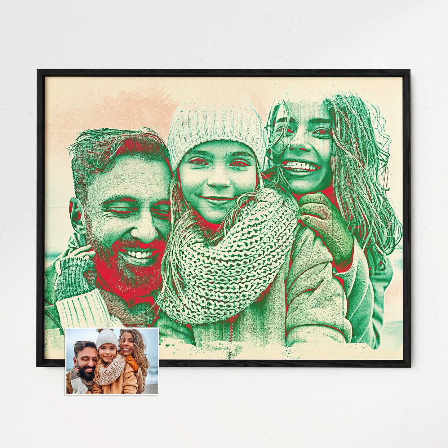 Painting from Photo: Witness your cherished memories come to life with this personalised red and green framed print. Using the enchanting watercolour style, it captures the essence of your photo, ensuring a one-of-a-kind and creative art