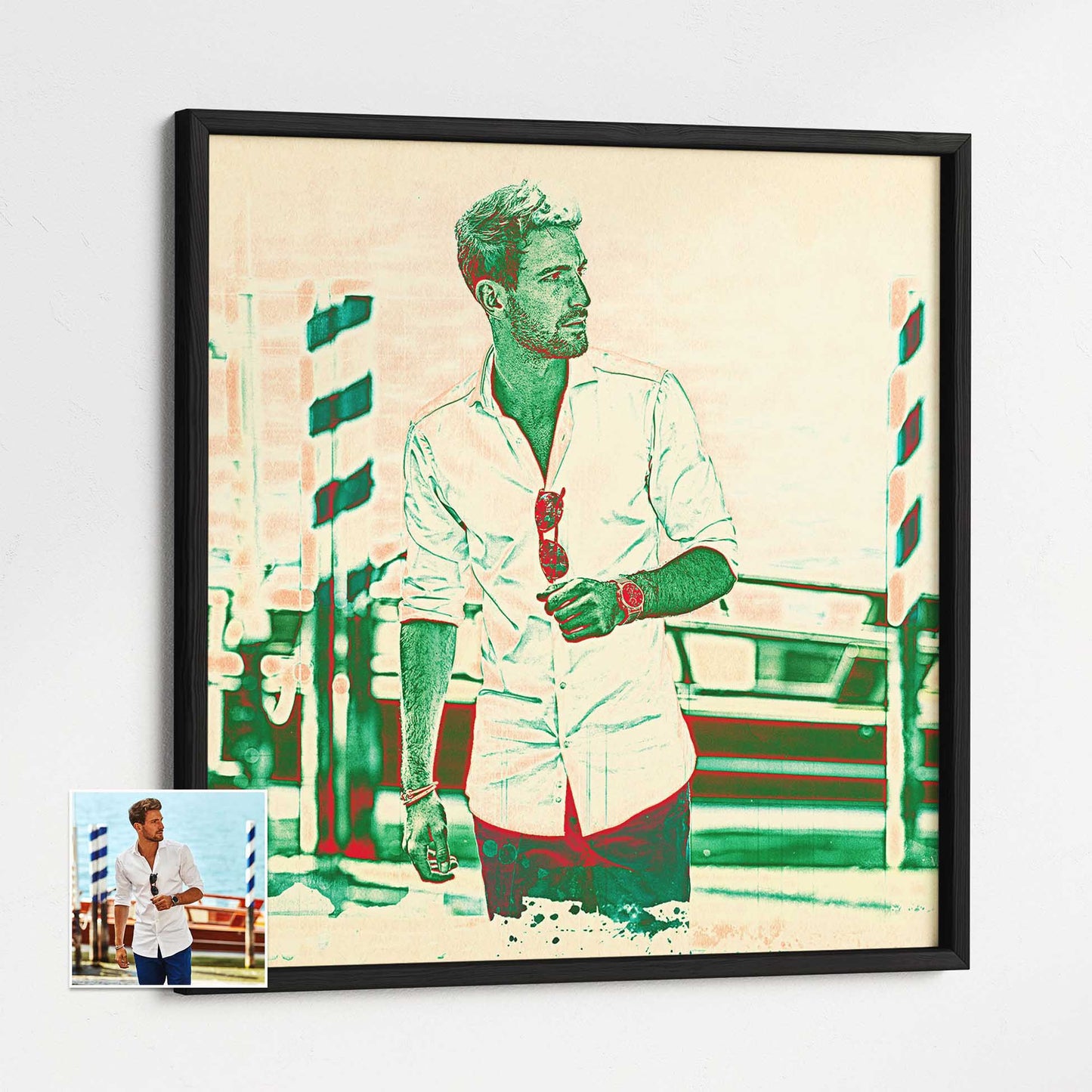 Unique Artwork for Home Decor: Elevate your home decor with this personalised red and green framed print. Its artistic watercolour style and imaginative interpretation of your photo make it a standout piece, printed on museum-quality paper 