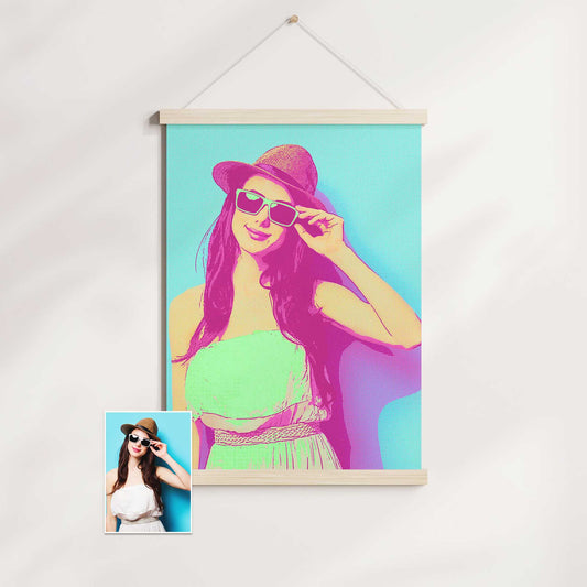 Add a vibrant touch to your home decor with our Personalised Green & Pink Pop Art Poster Hanger. Created from your photo, it transforms your image into a retro-style cartoon with a halftone texture, energetic vibe and fun print