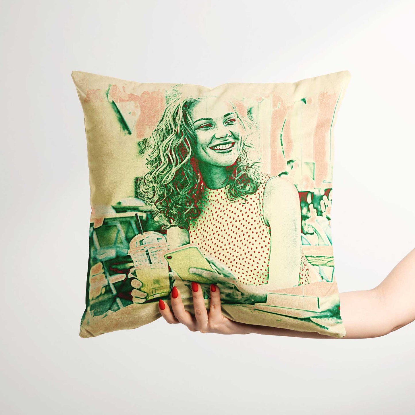 Create a bespoke and custom interior design with the Personalised Green & Red Cushion. Its sharp and vivid colors, combined with the soft velvet fabric, offer a fresh and vibrant look to your space. This handmade cushion, featuring a print from photo