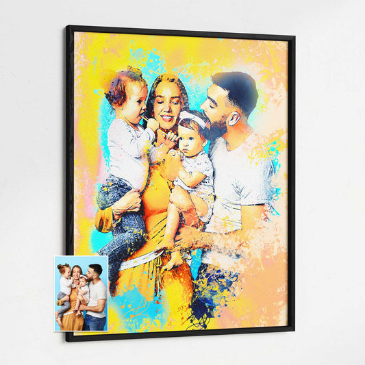 Personalised Watercolour Splash Framed Print: Experience the magic of paint and creativity with this colourful and vibrant artwork. Crafted from your photo, it transforms your memories into a unique and original piece, wooden frame