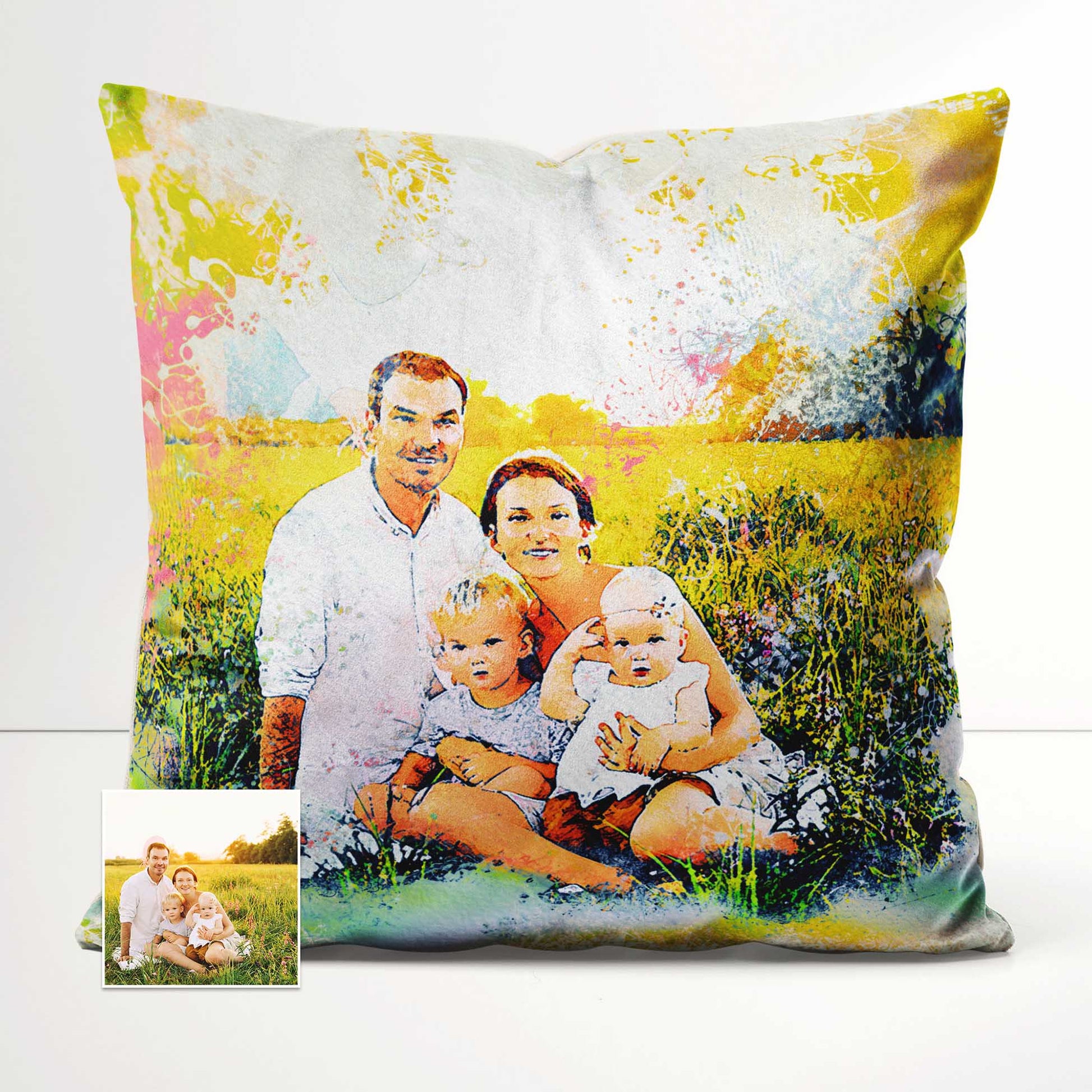 Experience the joy of a personalised Watercolor Splash Cushion, offering both comfort and fun. Its vibrant and lively design adds an exciting element to your home decor. Print your favorite photo on this cosy cushion and let your creativity