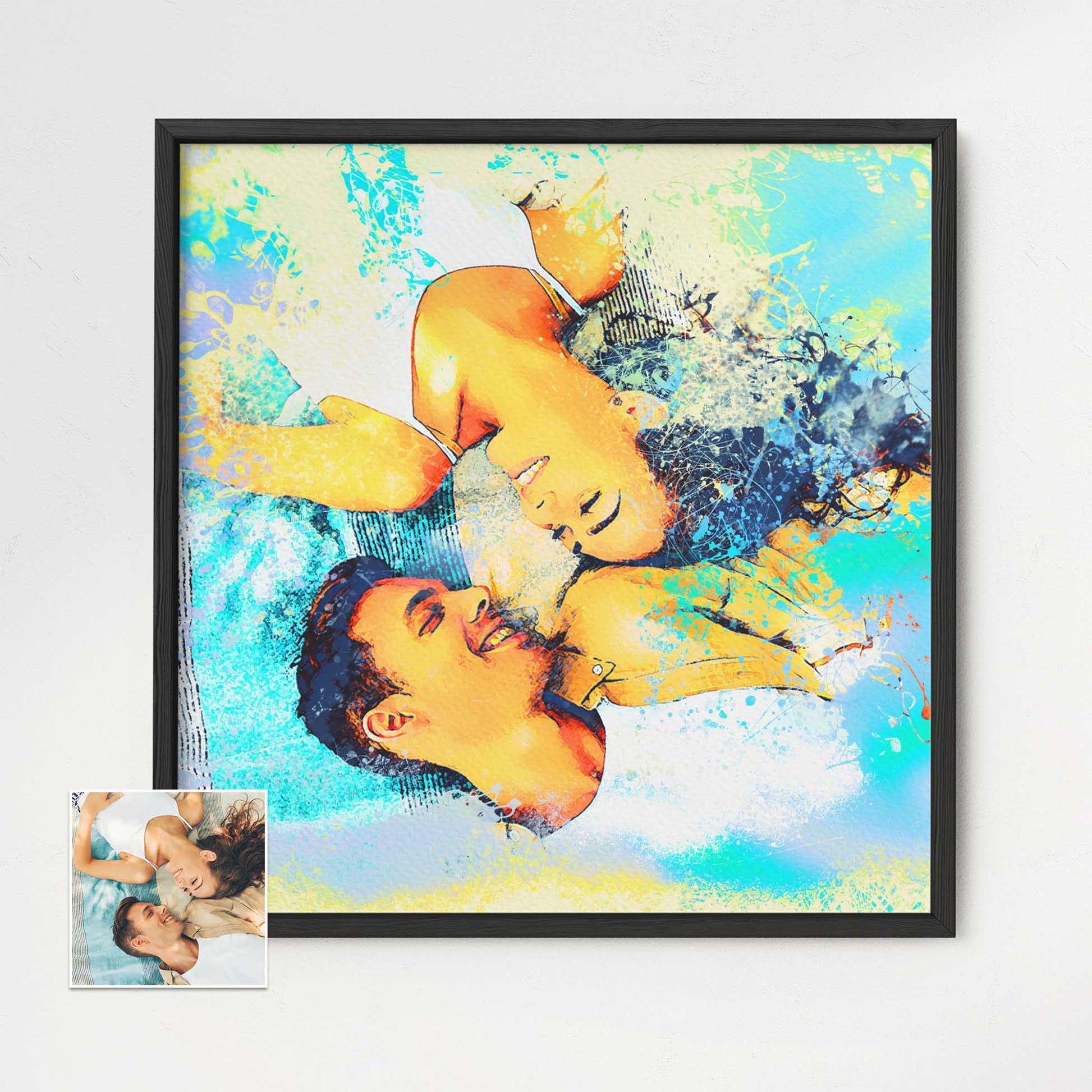 Comfort and Relaxation: Create a serene and calming environment with this personalised watercolour splash framed print. Its soothing and colourful paint strokes bring a sense of comfort and relaxation to your space, wooden frame 
