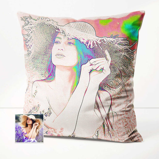 Experience the soft touch of the Personalised Pencil Drawing Cushion. Made from velvet fabric and featuring a print from your photo, it combines the beauty of handmade craftsmanship with the creativity of pencil drawings