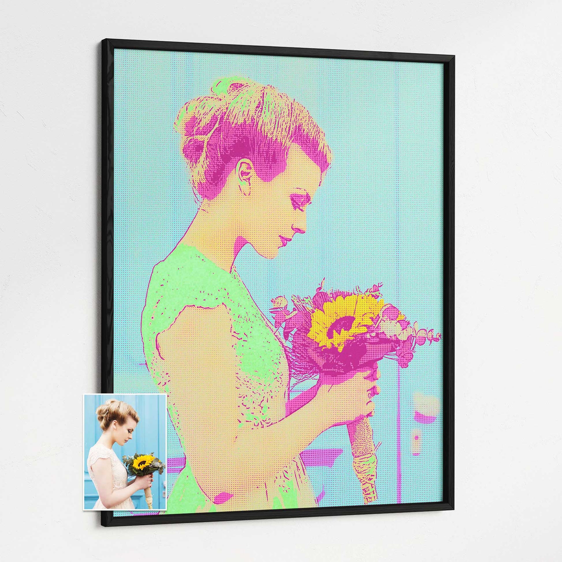 Add a pop of happiness to your walls with a Personalised Green & Pink Pop Art Framed Print from your photo. This vibrant and colorful artwork radiates joy and positivity, creating a cool and lively atmosphere. Crafted with thick museum paper